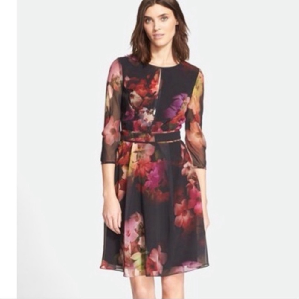 TED BAKER SAKINA FLORAL LONG SLEEVE MIDI DRESS SZ 10/12 US OR TED SZ 4